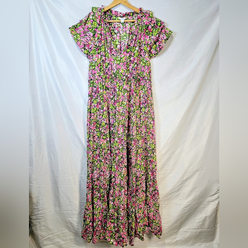 Crown & Ivy Cottagecore Grannycore Pansy Floral Ruffle Cotton Pocket Maxi Dress - Picture 2 of 10